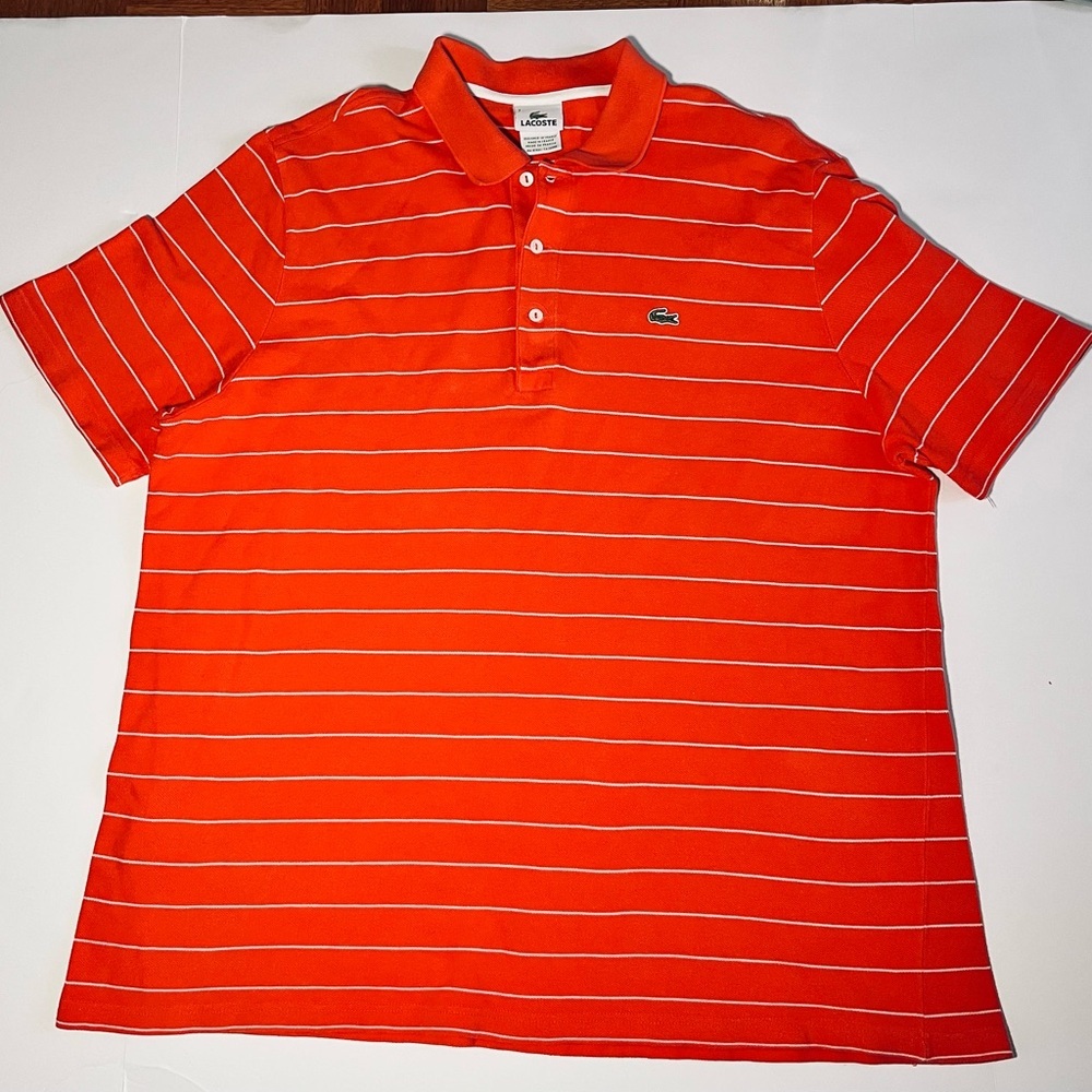 Lacoste Men's F5191 Orange Thin-Striped Classic Cotton Pique Polo Sz 7 XL